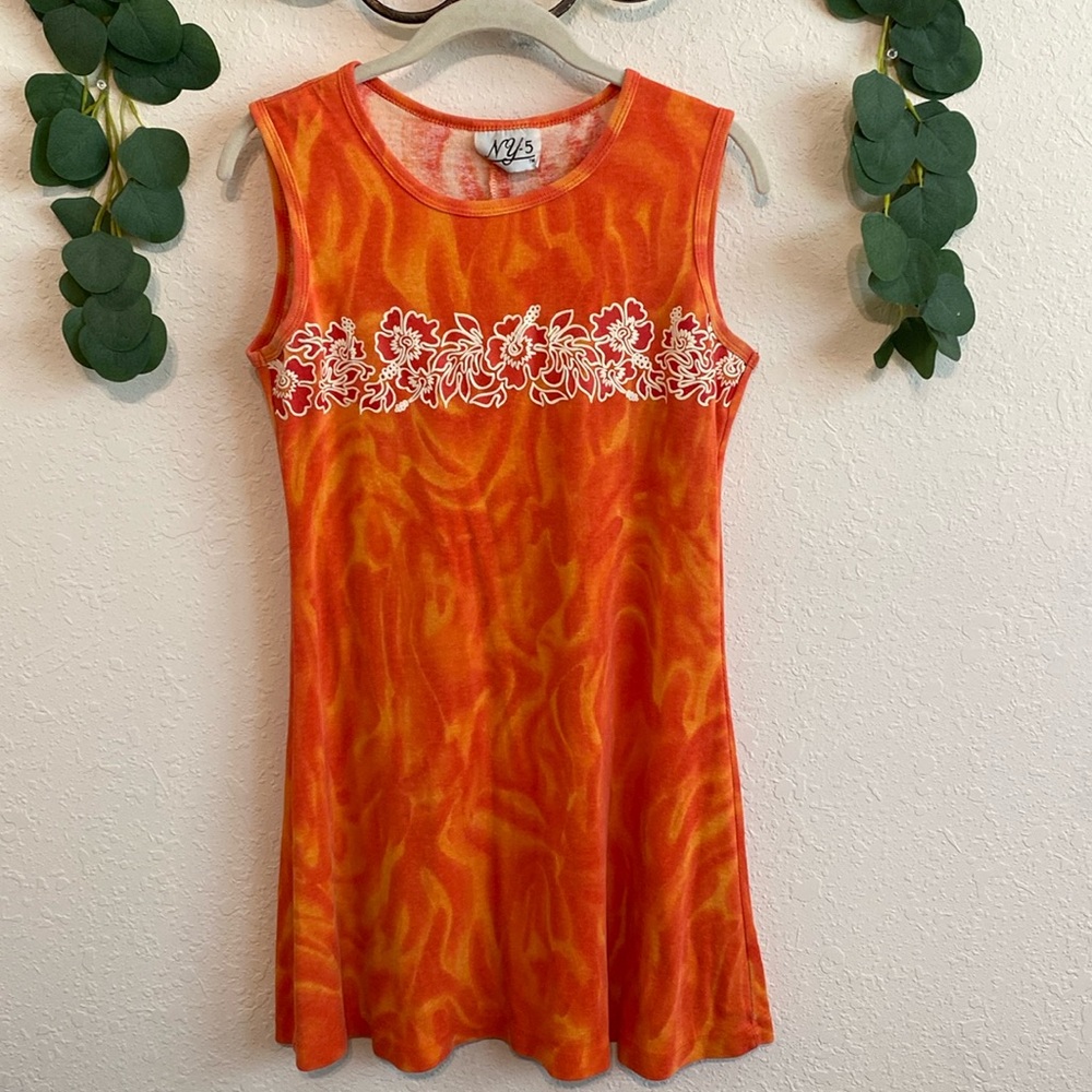 Vintage 90s Orange Tropical Hibiscus Print Dress✨